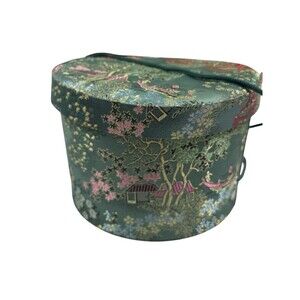 Vintage Chinese Tea Tree Design Hat Box Green Silk Brocade Fabric W/Lid